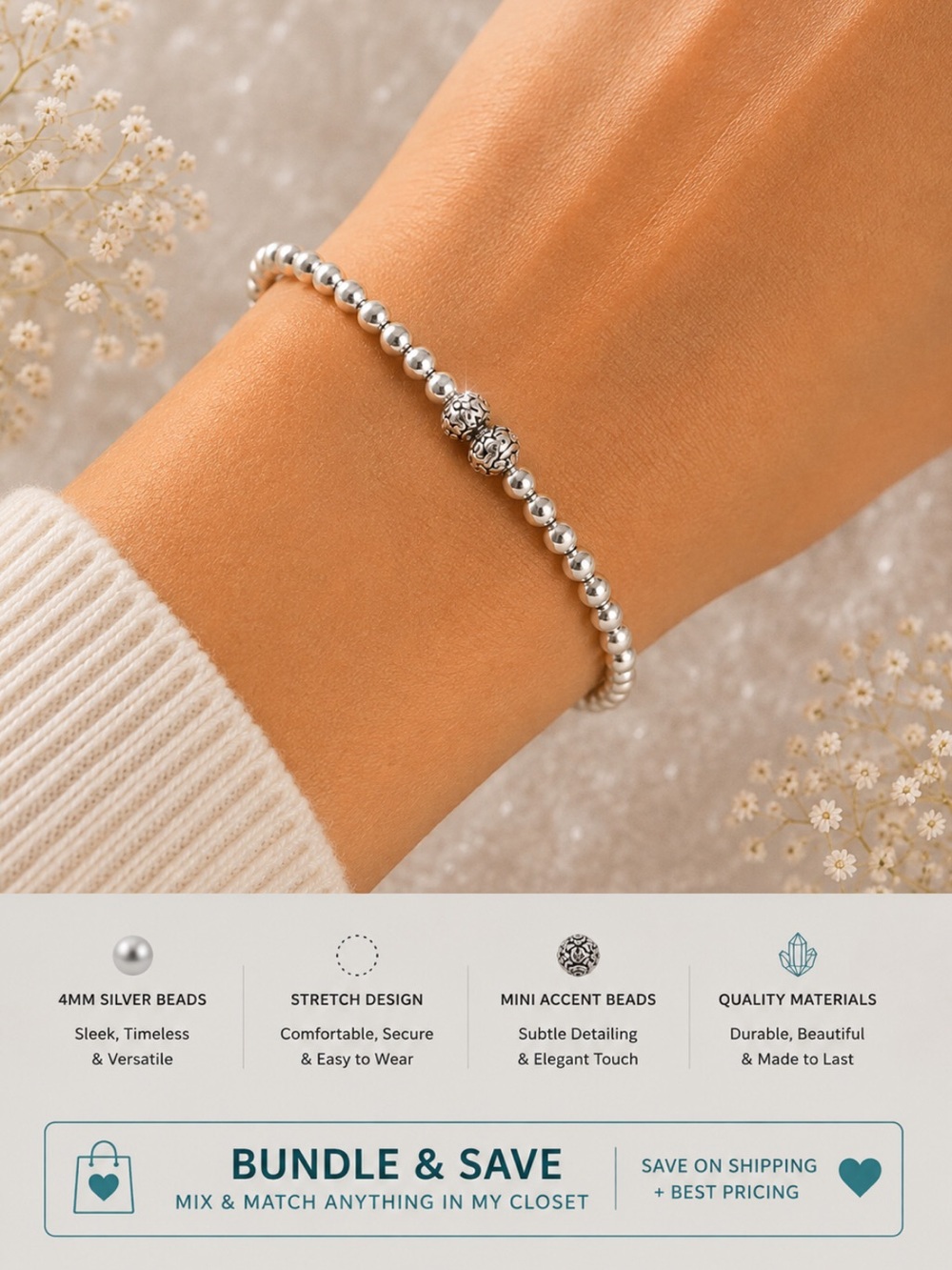 Silver Mini Beaded Stretch Layering Bracelet